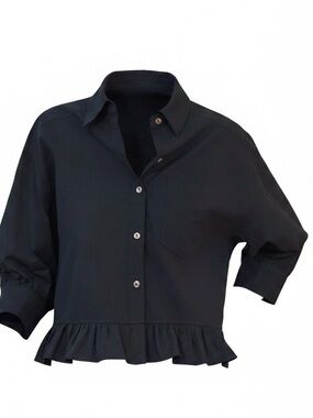 Black Ruffle Hem Button Down Blouse Top Small